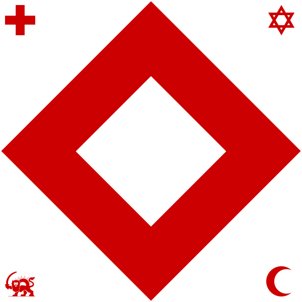 Het rode kristal samen met het rode kruis, rode davidster, rode halve maan en rode leeuw en zon